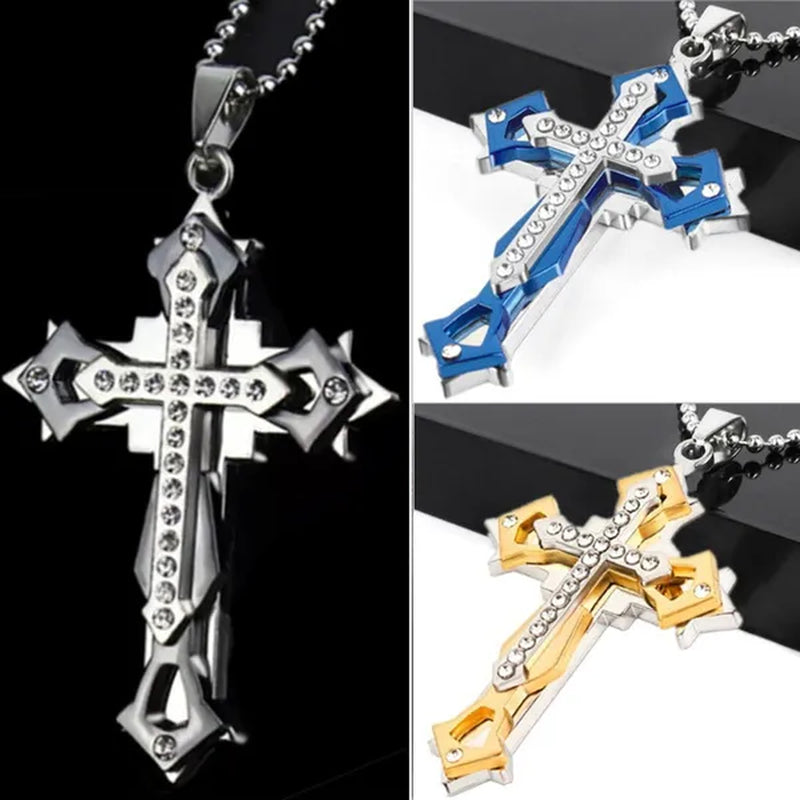 Fashion Men's Creative Diamond Cross Necklace Double Pattern Jesus Cross Pendant Hip Hop Necklaces for Men Cross Jewelry Religious Belief Amulet Birthday Anniversary Gift