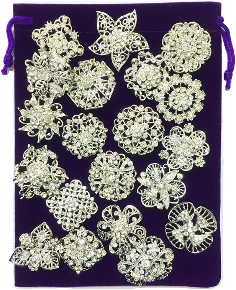 Lot 24Pc Shining Rhinestone Crystal Brooches Pins DIY Wedding Bouquet Kit