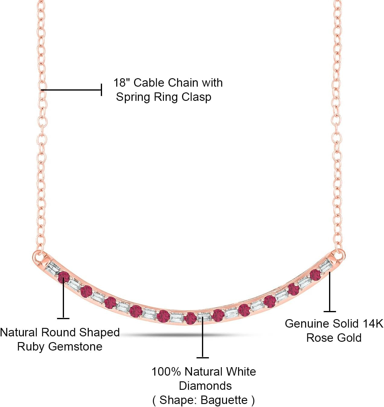 1/8Cttw Baguette and round Gemstone Necklace for Women, Diamond and Gemstone Bar Necklace in 14K Yellow, Rose or White Gold, Women'S Curved Line Necklace in Choice of Four Natural Gemstones, 18" Chain