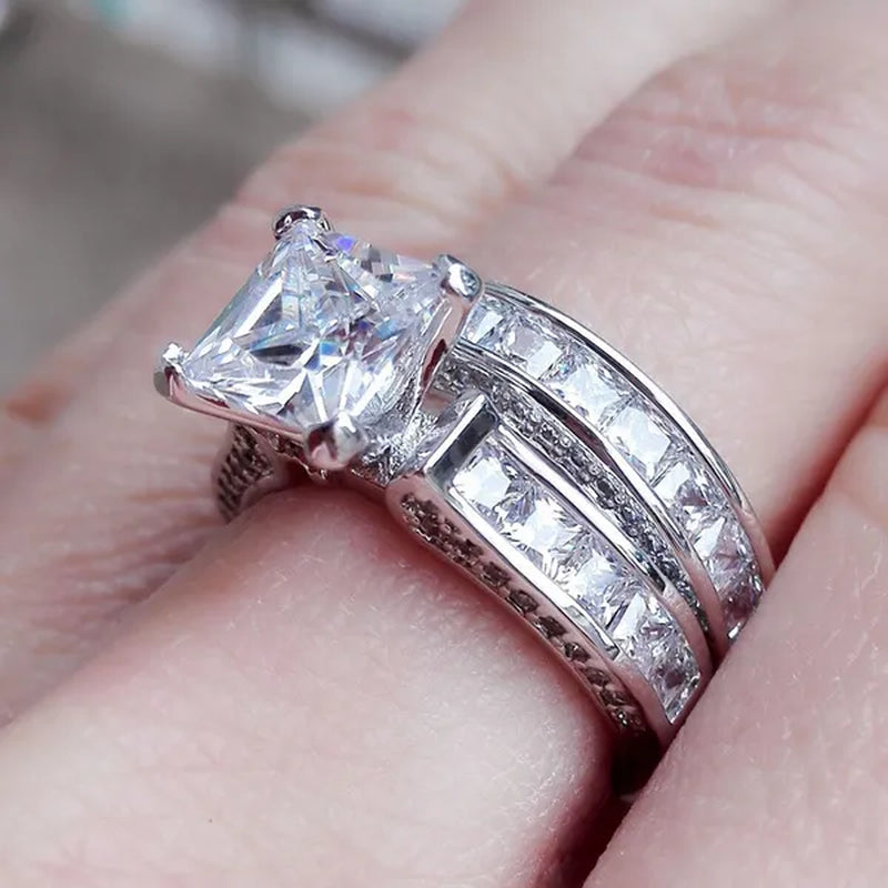 2-in-1 Womens Vintage White Sapphire Diamond 925 Sterling Silver Engagement Wedding Band Ring Set