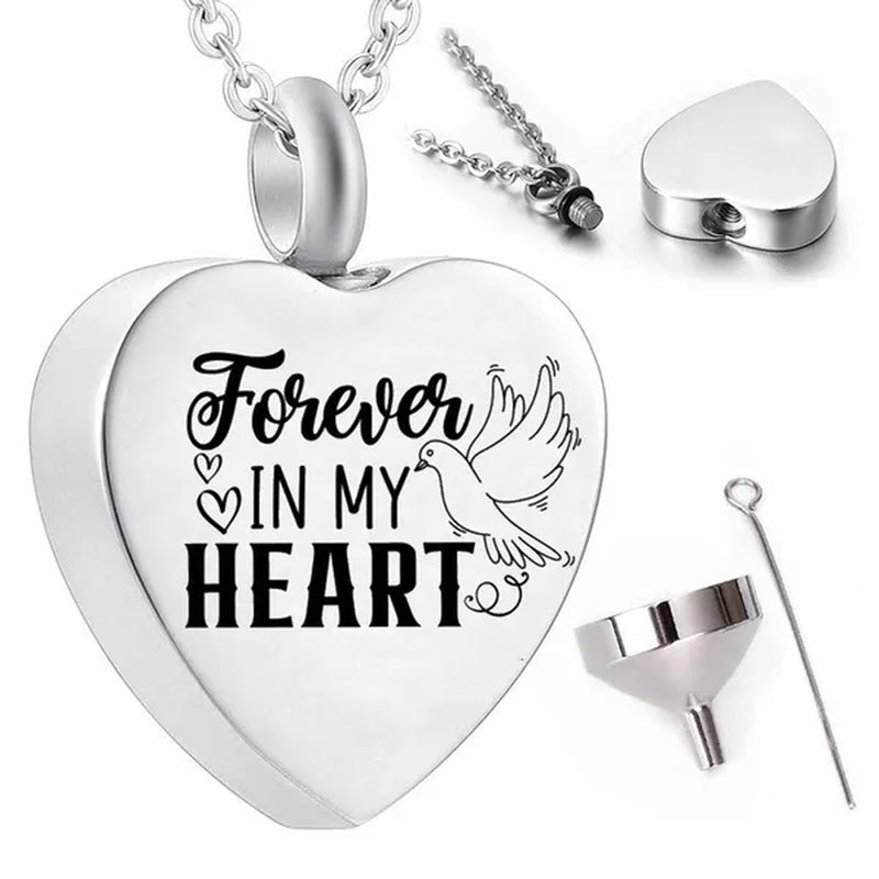 Heart Dove Pendant Necklace Cremation Jewelry Urn Stainless Steel Ashes Jar Keepsake-Forever in My Heart