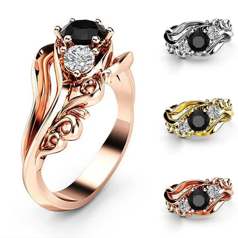 Fashion Ladies Rose Gold Leaf Vine Black Gemstone Rings Jewelry Bridal Romantic Engagement Proposal Gift