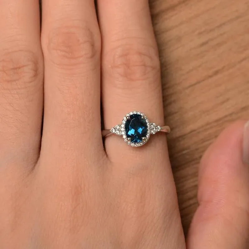 Fashion Silver Plated Blue Zircon Ring Women's Luxury Engagement Wedding Party Zircon Ring Jewelry Size:4-11