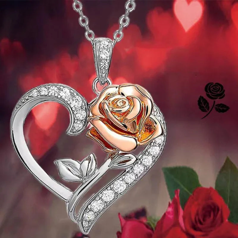Exquisite Fashion Heart Rose Zircon Necklace Couple Heart Pendant Engagement Necklaces for Women Rose Jewelry Wedding Accessories Birthday Party Anniversary Gift