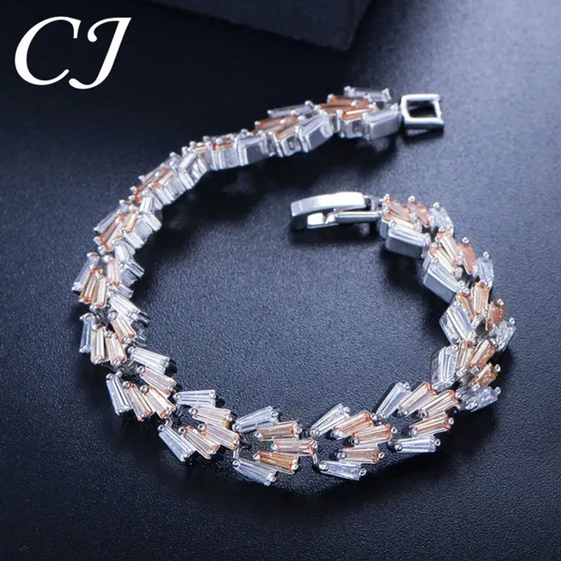 CANDICE New Trendy Sterling Silver Hand Bangle Jewelry Noble Rectangle Purple Crystal Women Tennis Bracelets With White Zirconia