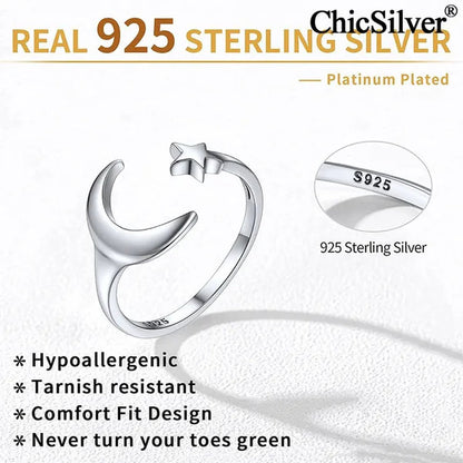 Chicsilver Moon and Star Toe Ring for Women 925 Sterling Silver Hypoallergenic Adjustable Toe Ring Band Women Beach Foot Jewelry