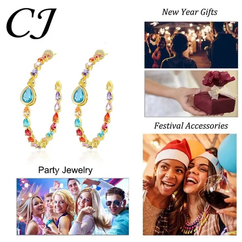 CANDICE Gorgeous Multi Color Crystal round Hoop Earrings with Brilliant Water Drop AAA Cubic Zirconia Big Circle Earring for Women Party Jewelry