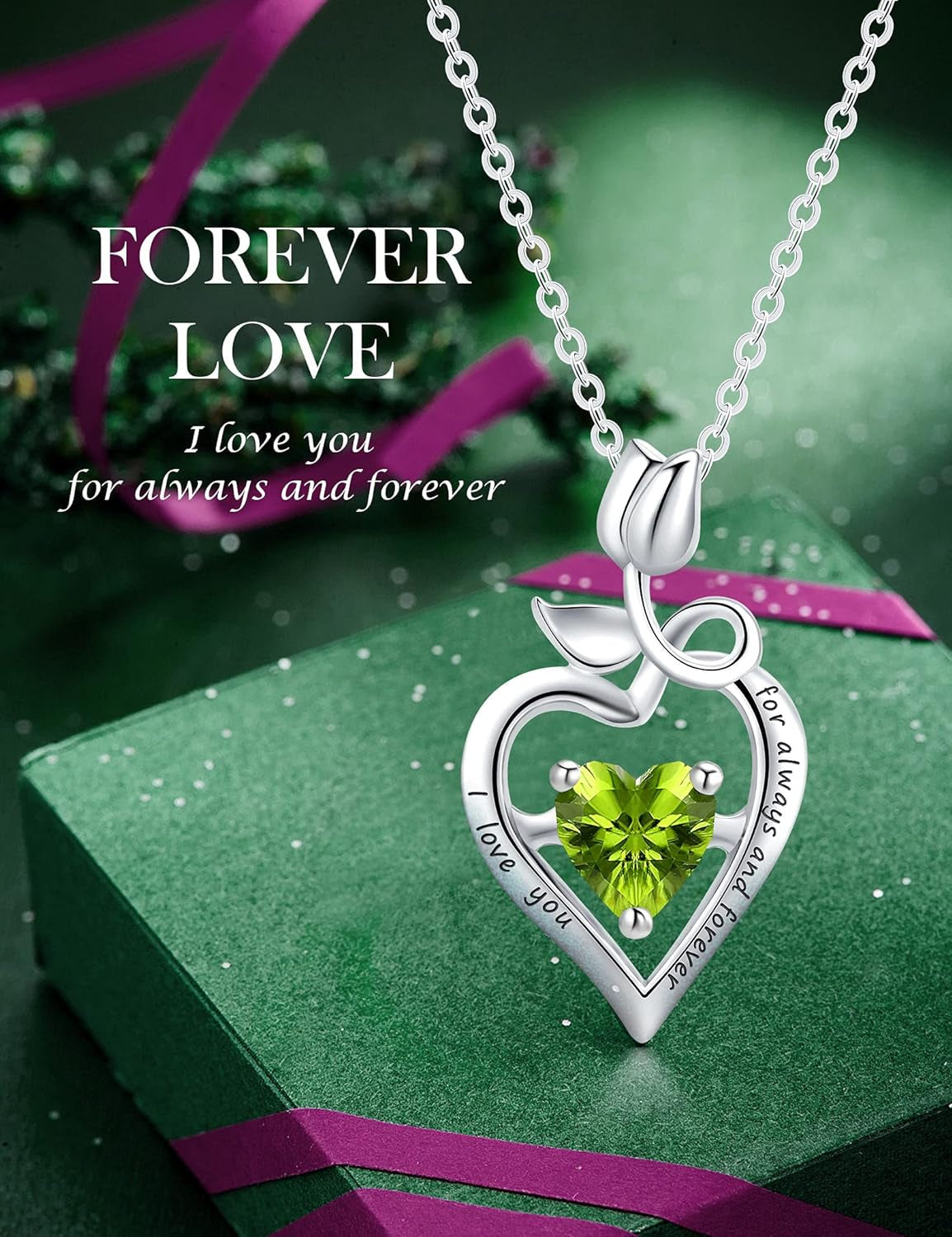 Fine Jewelry Birthstone Natural Peridot Necklace Sterling Silver Rose Flower Heart Gemstone Pendant Anniversary Birthday Gifts for Women Her Girls Wife Mom