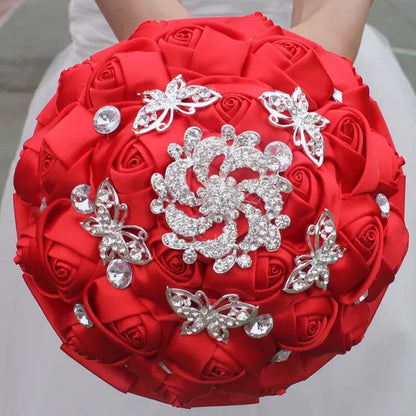 18CM White  Bride Holding Flowers Butterfly Flower Diamond Brooch Wedding Bouquet Bridal Mariage Stitch Wedding Bouquet Ribbon Bridesmaid Bouquet