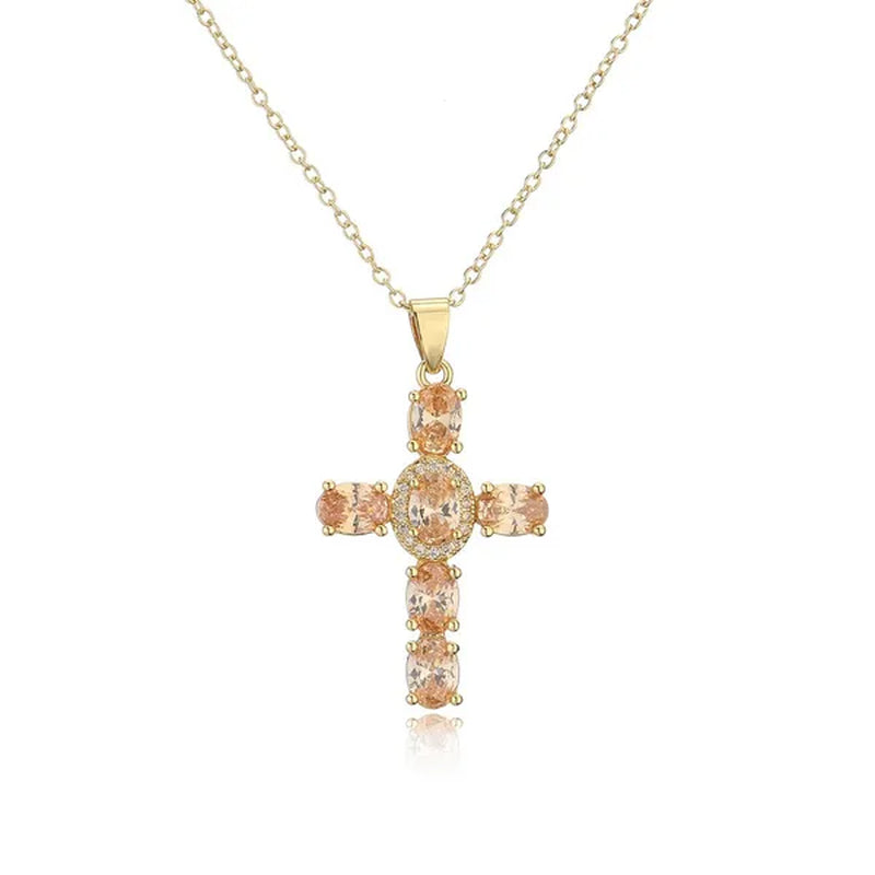 Fashion Jewelry Luxurious Temperament Gold-Plated Sapphire Emerald Ruby Topaz Amethyst Cross Pendant Necklace