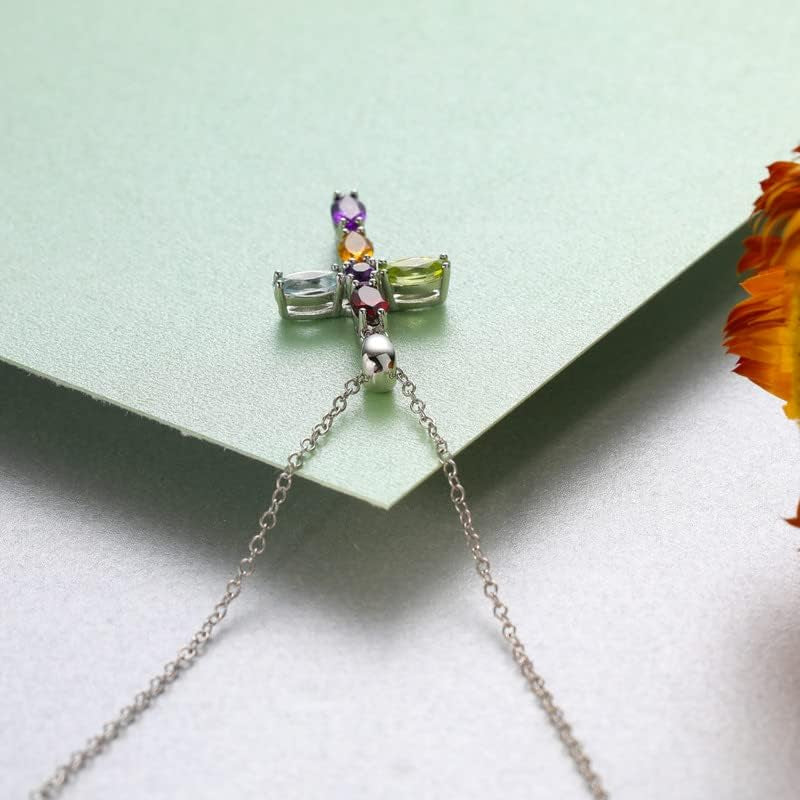 Womens Cross Pendant Necklace 925 Sterling Silver Natural Amethyst Peridot Turquoise Religious Necklace Jewelry