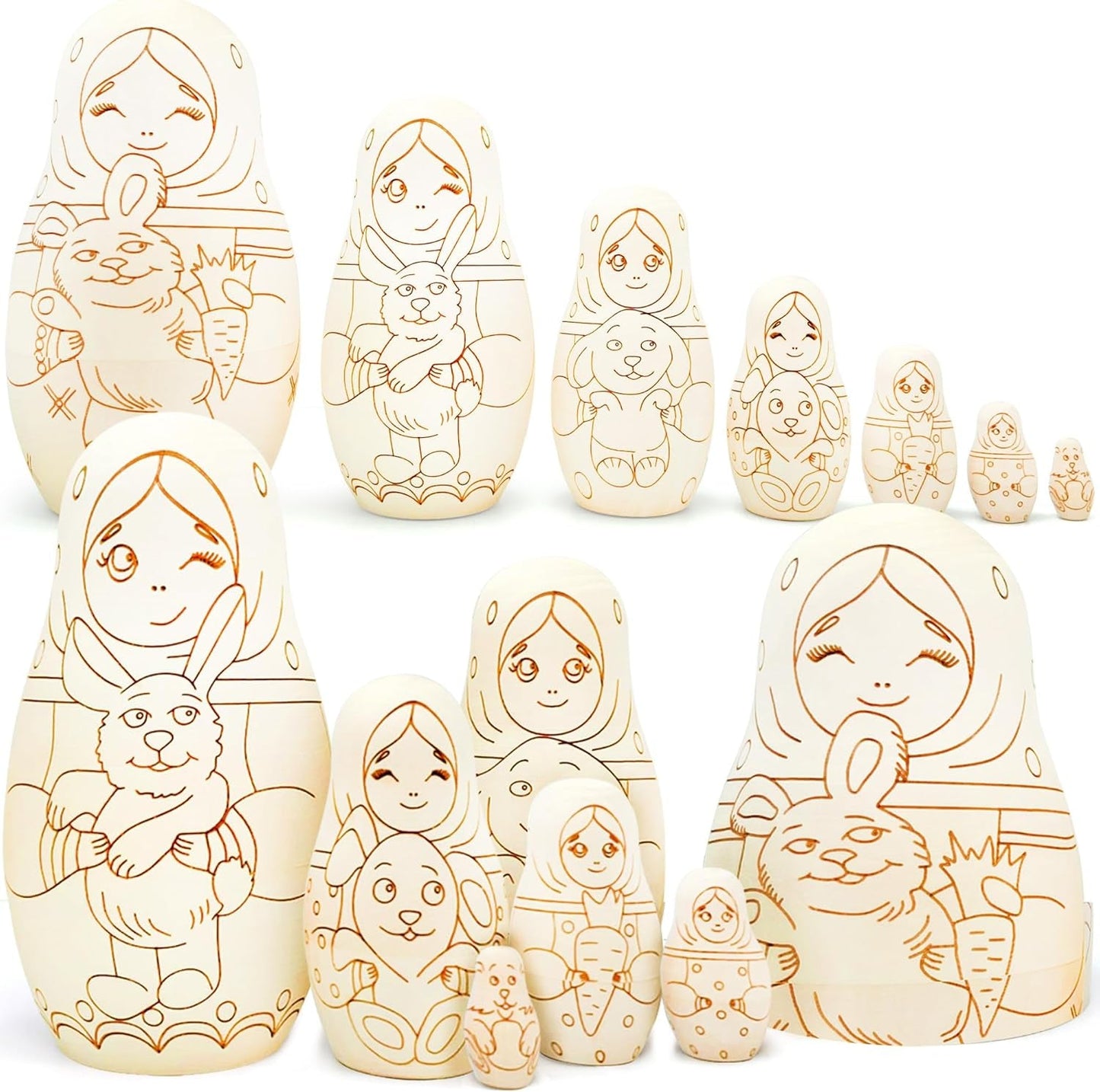 Blank Nesting Dolls - 7 Pcs DIY Wood Craft Kit - Unpainted Matryoshka Dolls - Adult, Nature, Small to Medium, Beige, Non-Foldable