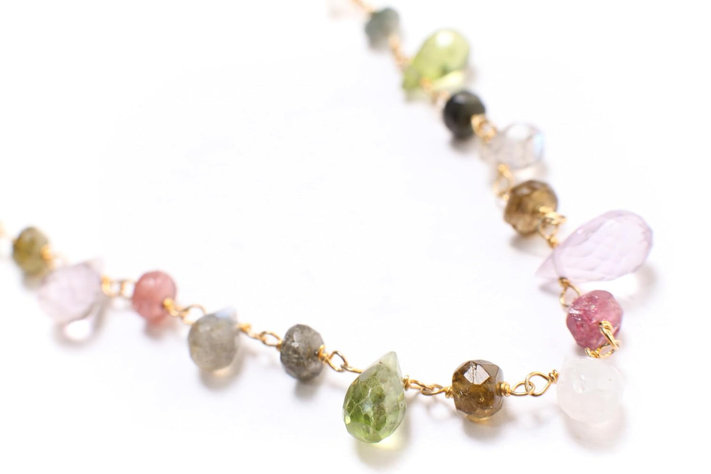 Multi Gemstones Necklace Wire Wrapped Faceted Peridot, Moonstone, Amethyst, Labradorite, Pink Tourmaline, Prehnite Briolette Drop 4X6-5X9Mm,Rondelle in 14K Gold Filled Chain & Clasp Necklace (18")