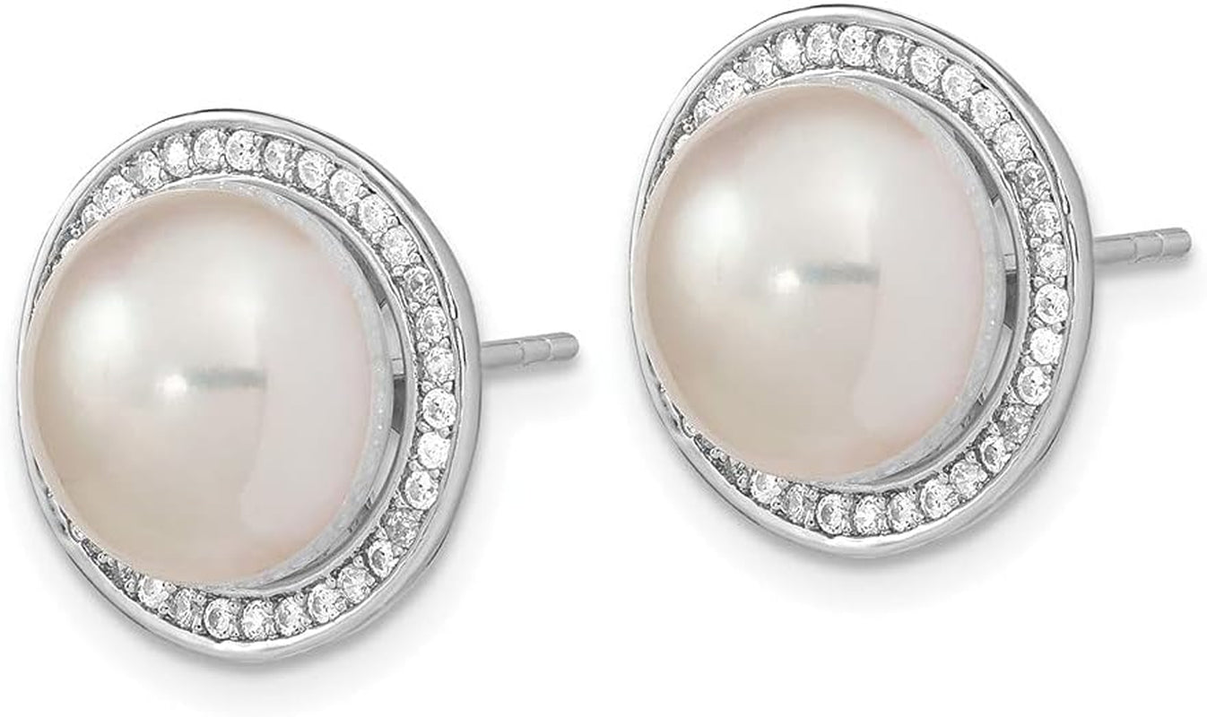 925 Sterling Silver 10 11Mm Button Freshwater Cultured Pearl Cubic Zirconia CZ Stud Earrings