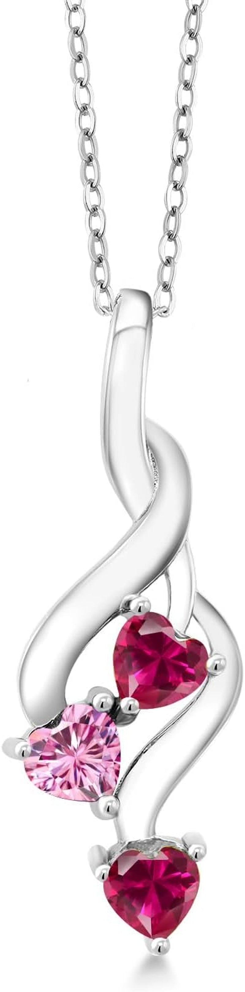 925 Sterling Silver Red Created Ruby and Pink Moissanite Pendant Necklace for Women (0.85 Cttw, Gemstone July Birthstone, Heart Shape 4MM, with 18 Inch Silver Chain)