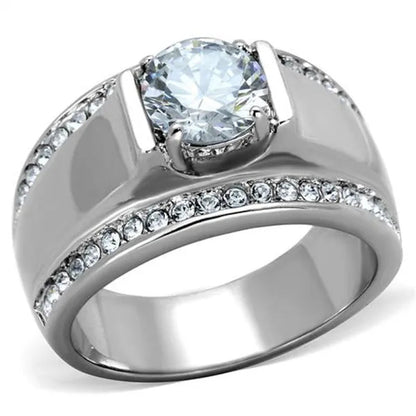 Men'S 2.25 Ct round Cut Simulated Diamond Silver Stainless Steel Ring Sizes 8-13