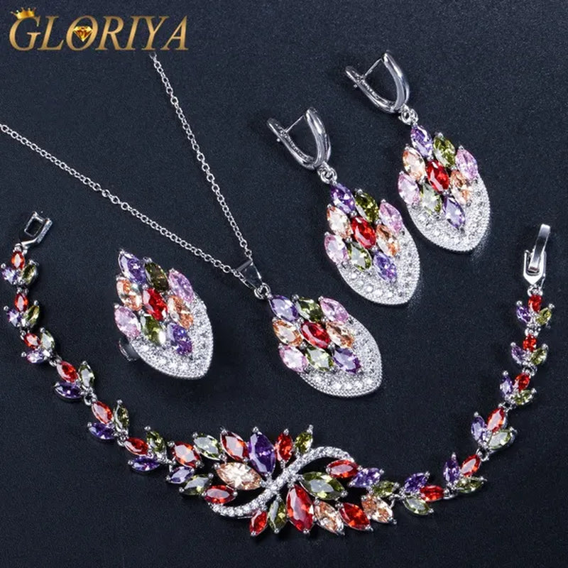 Gloriya Latest Fashion Women Christmas Party Silver Plated Jewelry Set Multicolor CZ Crystal Ring Earrings Bracelet Necklace 4 Pcs Jewelry Sets