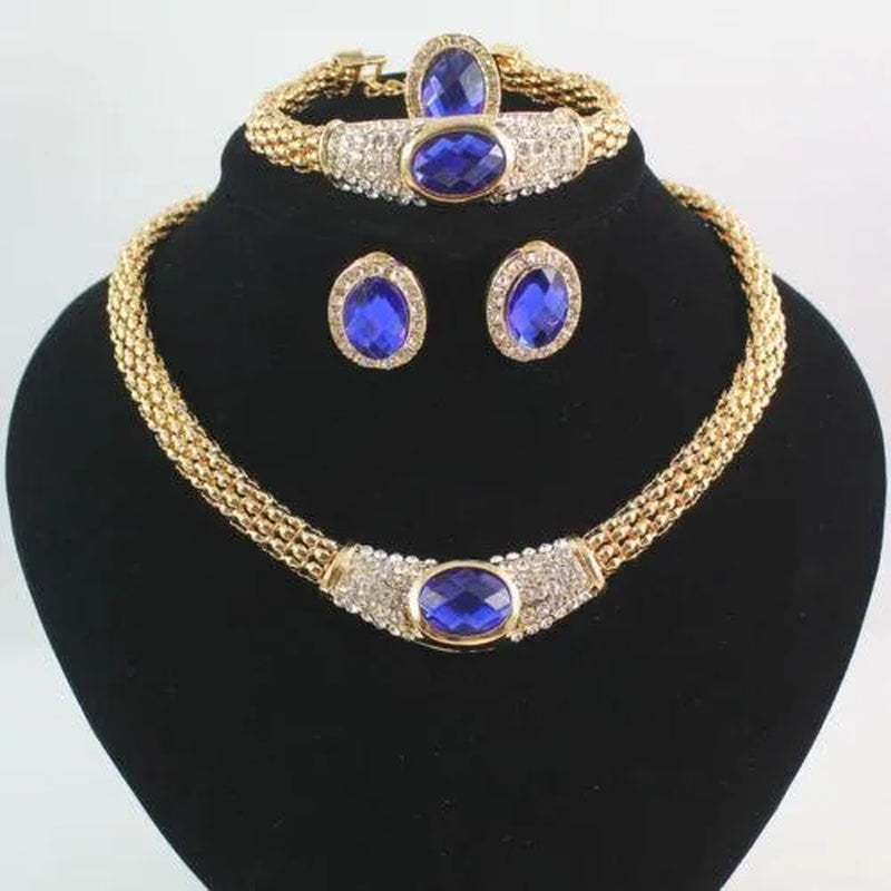 Women Gold Plated Crystal Gem Necklace Wedding Party Jewelry Sets 4 Colors