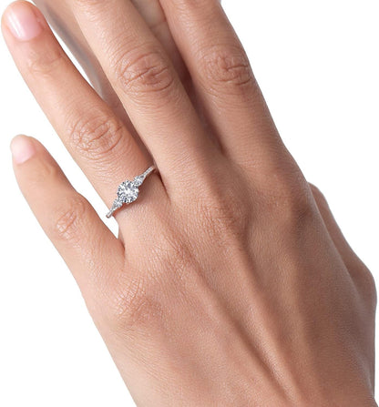 10K White Gold 6MM round Gemstone Birthstone White Created Sapphire & White Diamond Accent 3-Stone Engagement Ring | Three-Stone Wedding Anniversary Promise Ring for Women