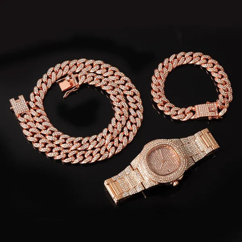 3 Colors 13MM Iced Out Chain Hip Hop Watch Necklace Bracelet Bling Miami Cuban Link Chain Mens Jewelry Set Relojes Hombre