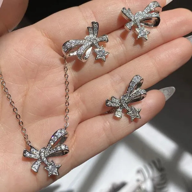 4Pcs/Set High Quality S925 Stamp Sterling Silver Post Bow with Star Pentagram Micro Inlaid Sparkling Cubic Zirconia Jewelry Set Earrings Pendant Necklace Open End Ring for Women Lovely Girl Birthday Party Anniversary Gift