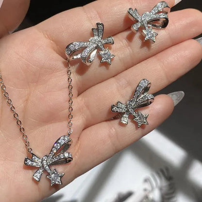 4Pcs/Set High Quality S925 Stamp Sterling Silver Post Bow with Star Pentagram Micro Inlaid Sparkling Cubic Zirconia Jewelry Set Earrings Pendant Necklace Open End Ring for Women Lovely Girl Birthday Party Anniversary Gift