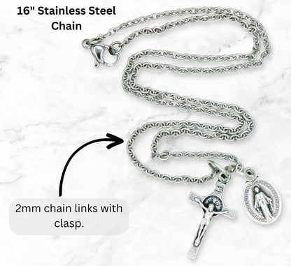 Silver Oxidized Italian Crucifix and Mary Mini Miraculous Medal Necklace on 16" Stainless Steel Chain - Jesus Mary Chain Catholic Necklace for Women, Couples Necklace, Unisex Religious Medal Necklace