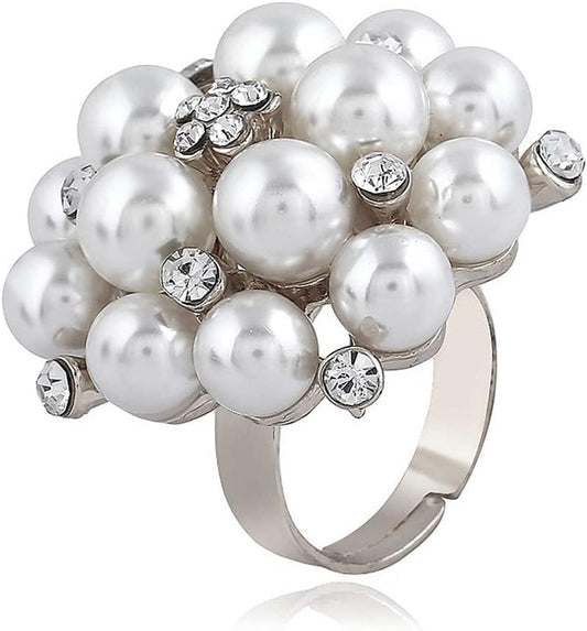 Big CZ Pearl Statement Wedding Ring for Women Girls Vintage CZ Crystal Faux Pearls Ball Flower Adjustable Open Band Wrap Birthday Cocktail Party Ring Comfort Fit Exaggerated Jewelry Gift
