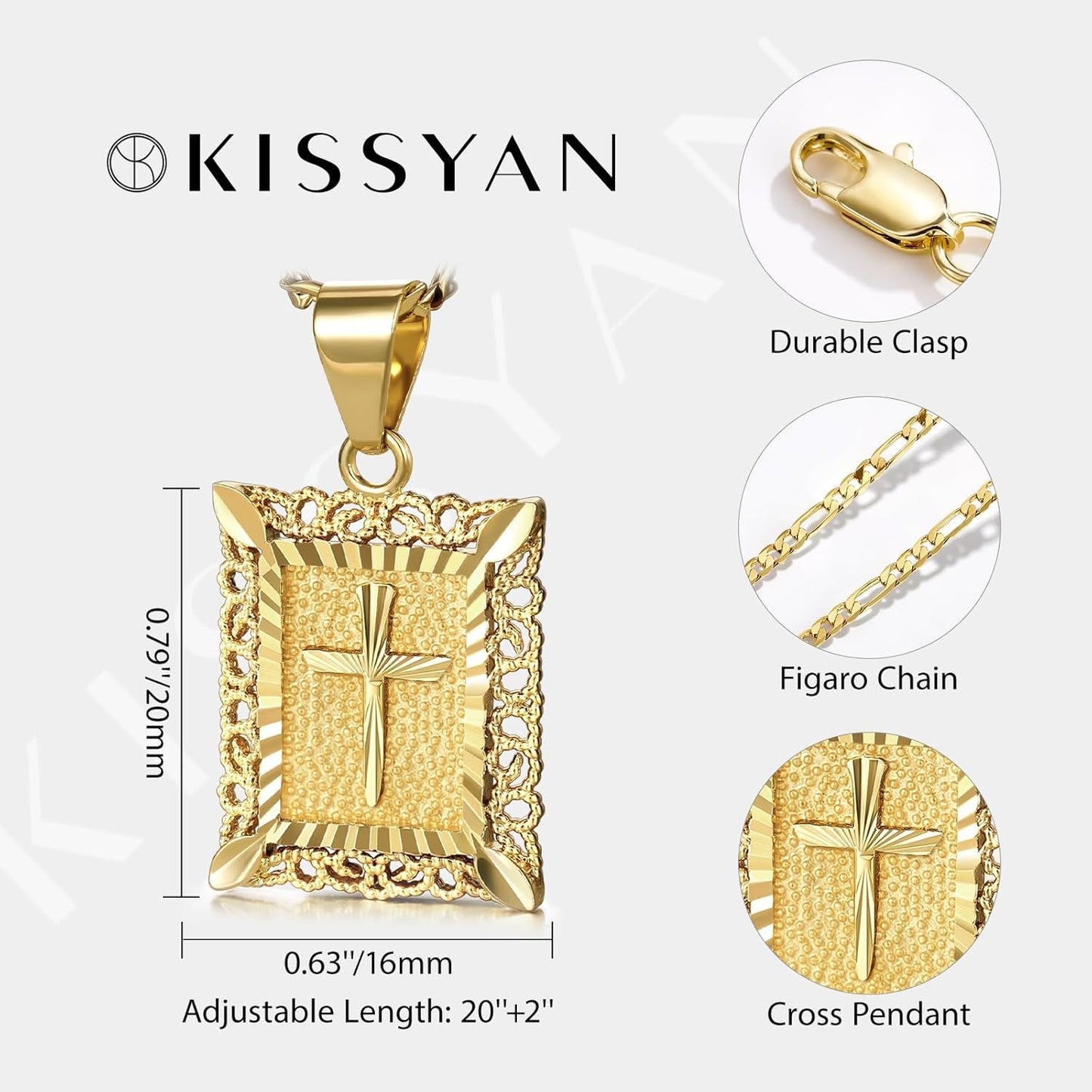 Cross Pendant Necklace for Women Men, 14K Gold and Silver Plated Square Faith Christian Figaro Chain Religious Jewelry Gift for Christian Faith, Baptism, First Communion