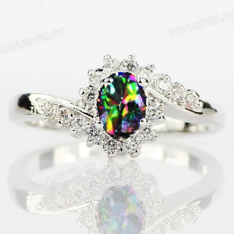 Exquisite Silver Natural Sapphire Gemstones Opal Birthstone Bride Princess Wedding Engagement Strange Ring Size 6 7 8 9 10