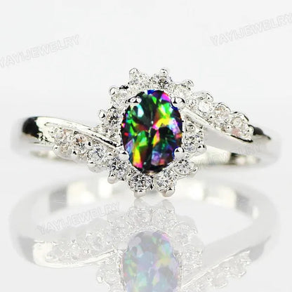 Exquisite  Silver Natural Sapphire Gemstones Opal Birthstone Bride Princess Wedding Engagement Strange Ring Size 6 7 8 9 10