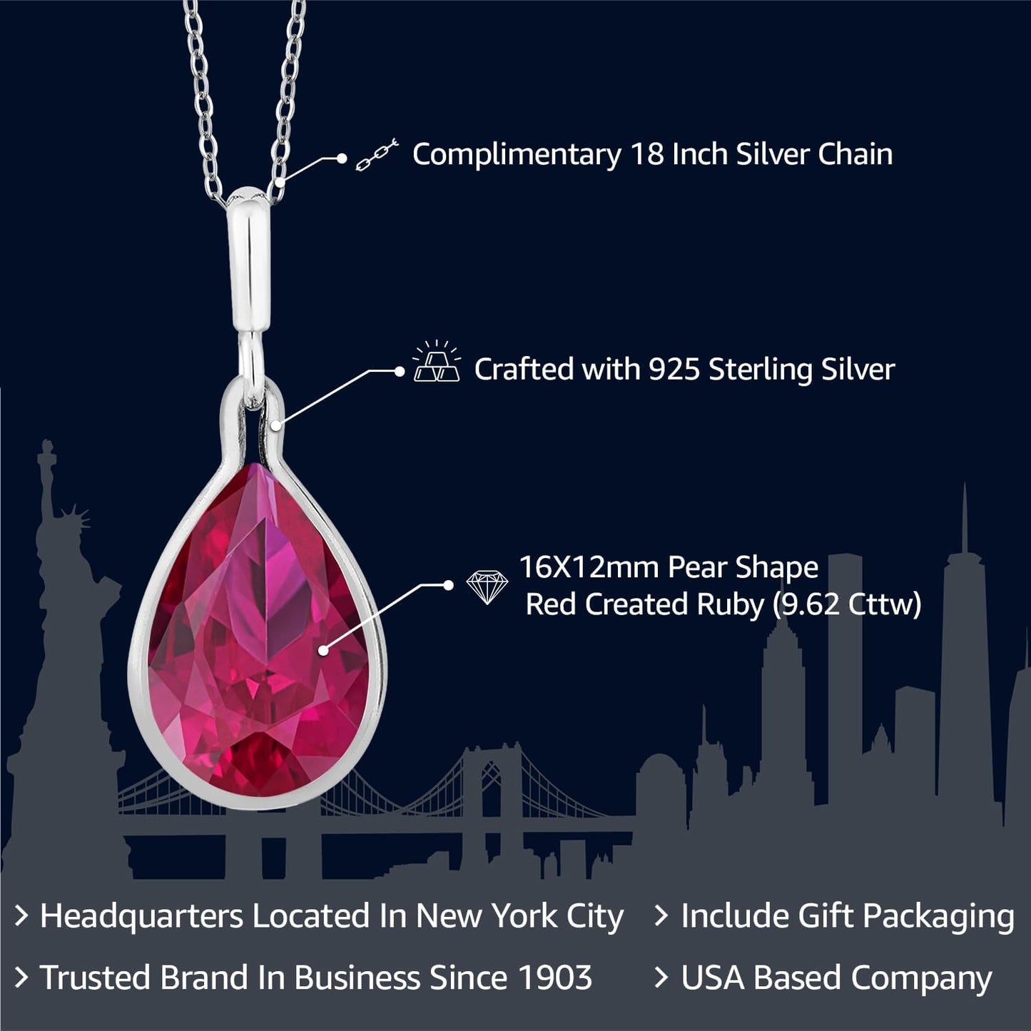 9.62 Cttw Red Created Ruby Pendant Necklace for Women in 925 Sterling Silver | Pear Shape 16X12MM | with 18 Inch Silver Chain