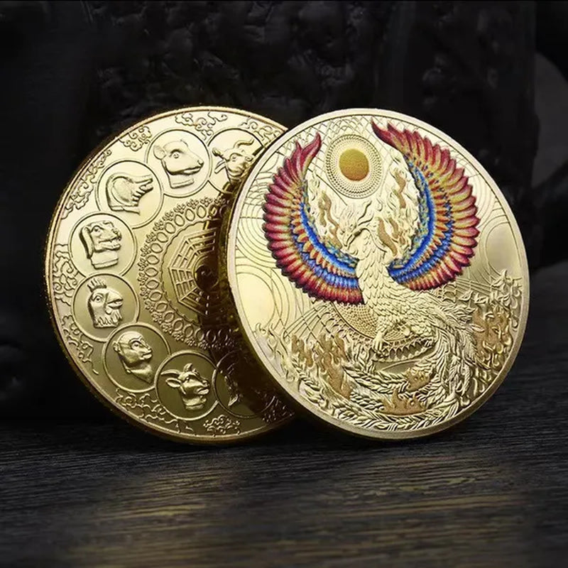 Divine Bird Phoenix Zodiac Commemorative Coin Chinese Lucky Auspicious Divine Bird Replica Gold-Plated Silver Collectible Gift Craft Souvenir