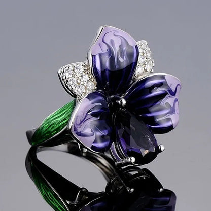 New Fashion Butterfly Flower Ring Jewelry Women 9Natural Gemstone Amethyst  Ring Anniversary Christmas Gift Bridal Engagement Wedding Ring Size US5-11