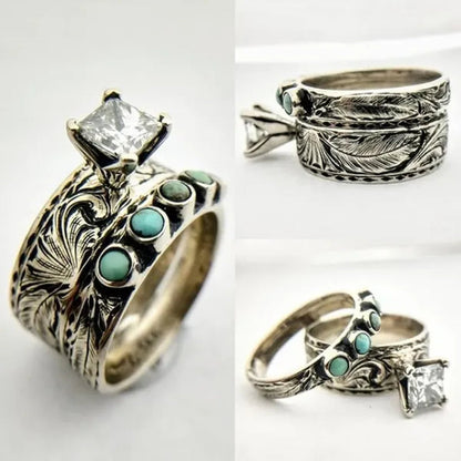 2Pcs /Set Unique European and American Female Antique Hand Carved Jewelry 925 Sterling Silver Natural Gem Diamond Ring and Turquoise Engagement Ring Bride Promise Ring Anniversary Gift Birthday Party Ring Size 4-11
