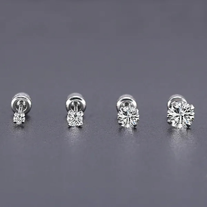 1Pc/1Pairs Silver Plated Cubic Zirconia Stud Earrings for Women Men Stainless Steel Jewelry Size: 2-6Mm