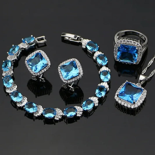 Sky Blue Sapphire White Topaz 925 Silver Jewelry Sets Earrings Pendant Necklace Ring Bracelet for Women Wedding