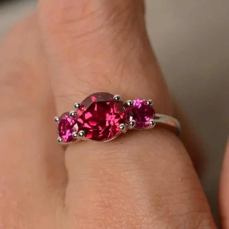 Ruby Ring Three Stone Zircon Ring Bride Engagement Wedding  Anniversary Silver Plated Ring