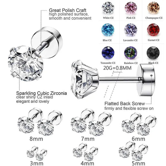 1 Pair/9 Pairs 18G Stainless Steel Ear Stud Piercing Barbell Studs Earrings round Cubic Zirconia Inlaid Body Jewelry for Women Girls Kids Christmas Present