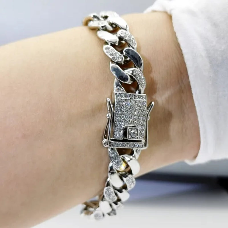 High Quality 12mm Hip Hop Hipster Cuban Chain Diamond Bracelet Men's Jewelry