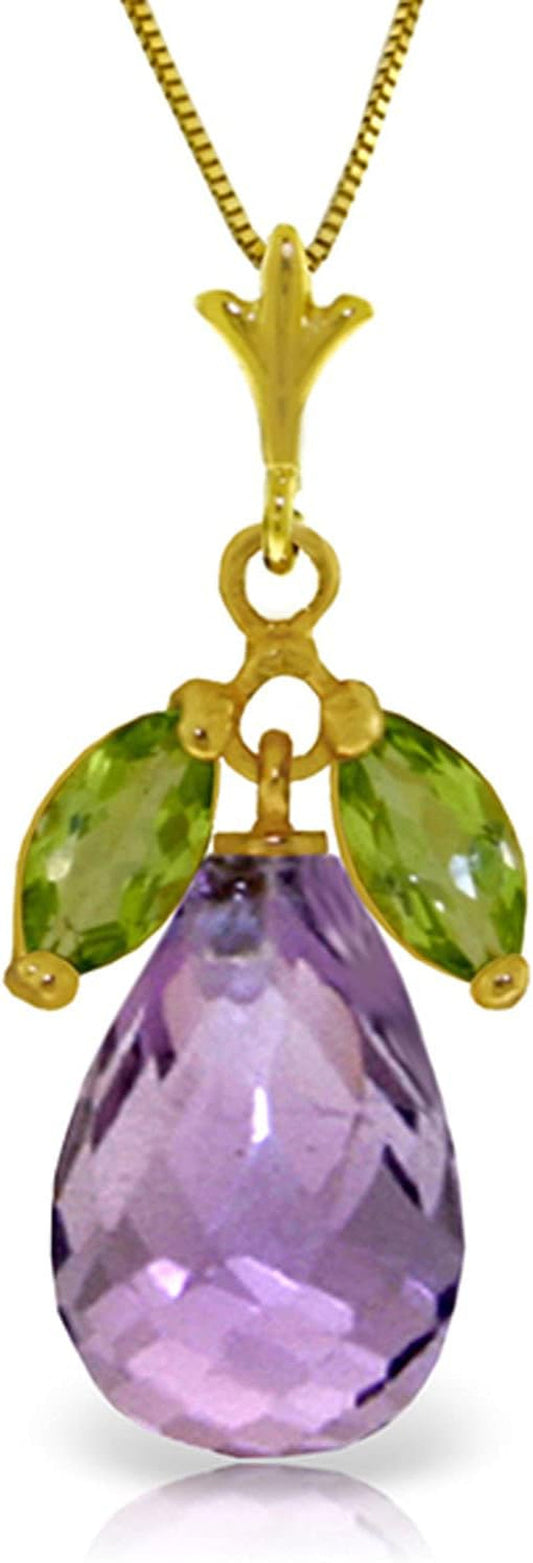 14K Solid Gold 18" Necklace with Amethyst Pendant and Peridot Accents