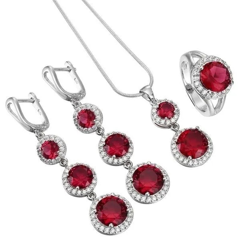3Pcs/Set Women 925 Silver Plated Black Sapphire Ring Earrings Necklace Jewelry Set (Choice Color and Size)