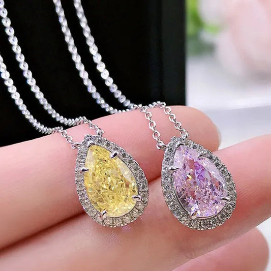 Bridal Wedding Necklace Jewelry 4 Claw Setting Waterdrop Cut Citrine Pink Gemstone Side Stone Lab Diamond Silver Plated Necklace for Women