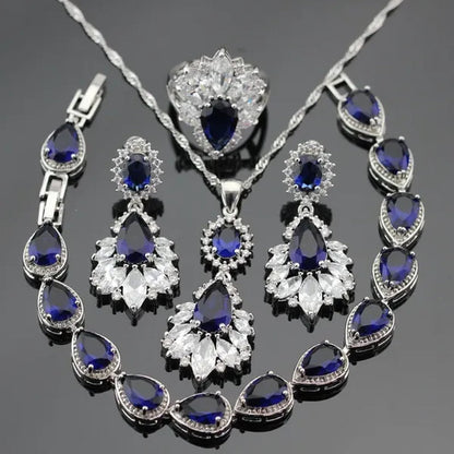 Blue Zircon With White Topaz Crystal Water Drop Shaped Silver Jewelry Sets Necklace Pendant Earring Ring Bracelet For Women