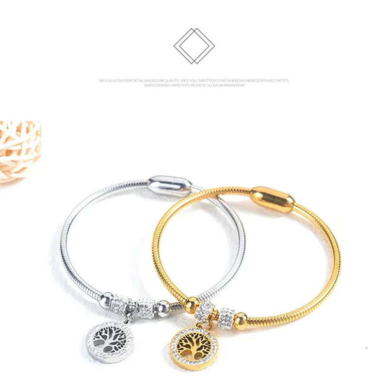 Gold Plated Tree of Life Bangle Bracelet Women Stainless Steel Family Tree Charm Bracelets with AAA Rhinestones & Magnetic Buckle