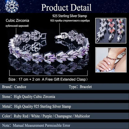CANDICE New Trendy Sterling Silver Hand Bangle Jewelry Noble Rectangle Purple Crystal Women Tennis Bracelets With White Zirconia