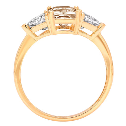 2.82Ct Emerald Cut Brown Champagne Simulated Diamond 14K Yellow Gold Engraving Statement Anniversary Engagement Wedding 3 Stone Ring Size 7