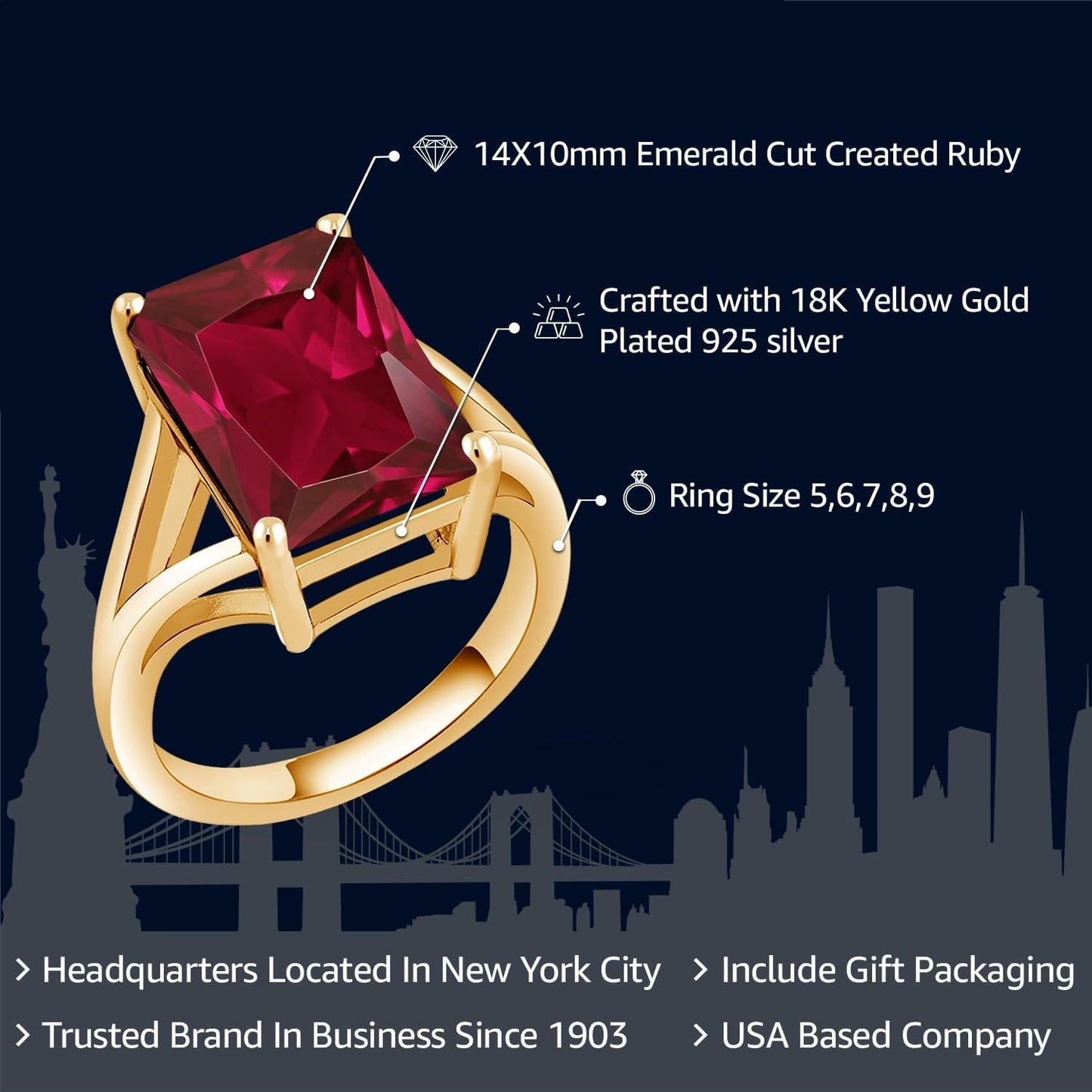 18K Yellow Gold Plated Silver Emerald Cut Created Ruby Solitaire Ring for Women (8.00 Cttw Available in Size 5, 6, 7, 8, 9)