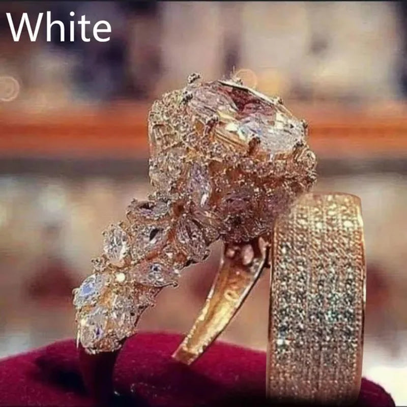 2Pcs/Set Elegant Beautiful Woman Fashion Antique Art Deco Jewelry Exquisite Birthstone Charming Noble Bride Engagement Wedding Luxury Jewelry Girlfriend Valentine'S Day Christmas Anniversary Gift Brand Ring Jewelry Size US4-12 Bague Femme