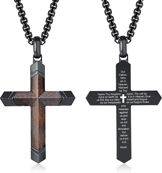 Wooden Cross Bible Verse Necklace for Men, Hawaiian Handmade Real Black Ebony Wood Cross Pendant Stainless Steel Chain, Mens Cross Necklaces Koa Wood Jewelry Christian Baptism Easter Gifts